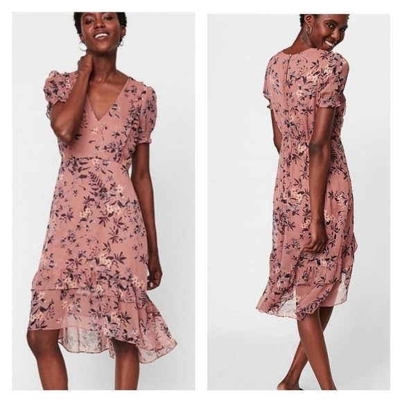 EXPRESS Medium Floral Print Ruffle Short Sleeve Hi Lo Tiered Lined Midi Dress - Picture 1 of 12